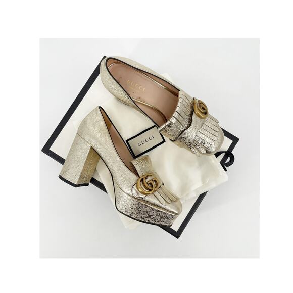 Gucci Shoes - Gucci Gold Metallic Crackled Leather GG Marmont Fringe Platform Heels EU 36